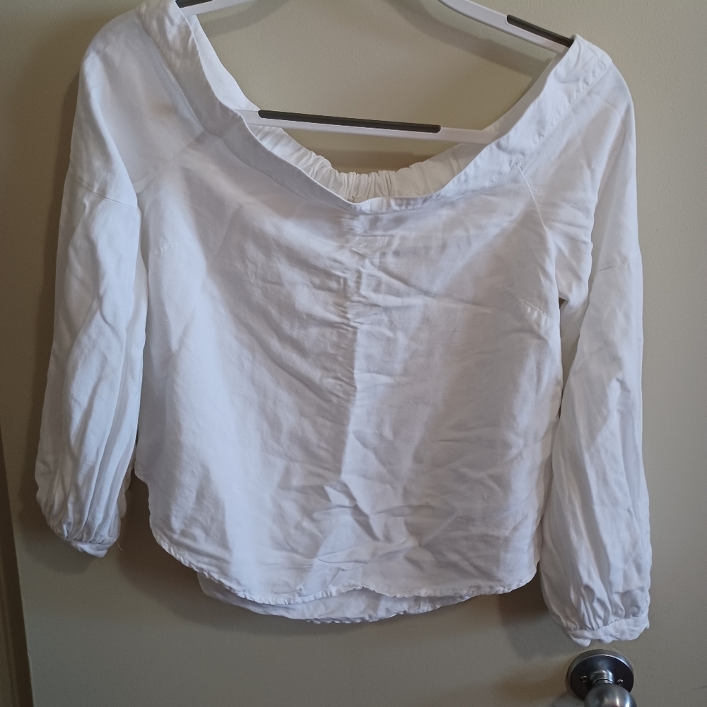 Maeve Anthropologie White Linen Top Boat Neck Balloon Sleeve Women Sz 4 Peasant
